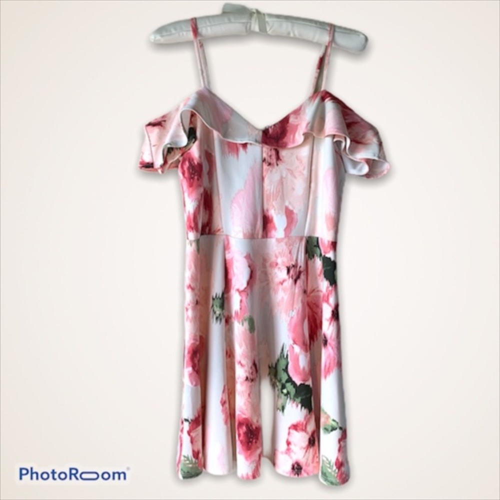 Pink Flower Off the Shoulder Dress - Medium - By Emerald Sundae - Ruffle Neck